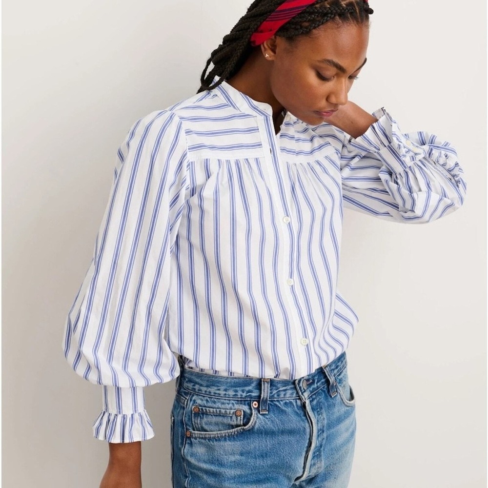 ALEX MILL‎ LEE RUFFLE CUFF BUTTON UP BLOUSE SHIRT Blue White Stripe Sz Small